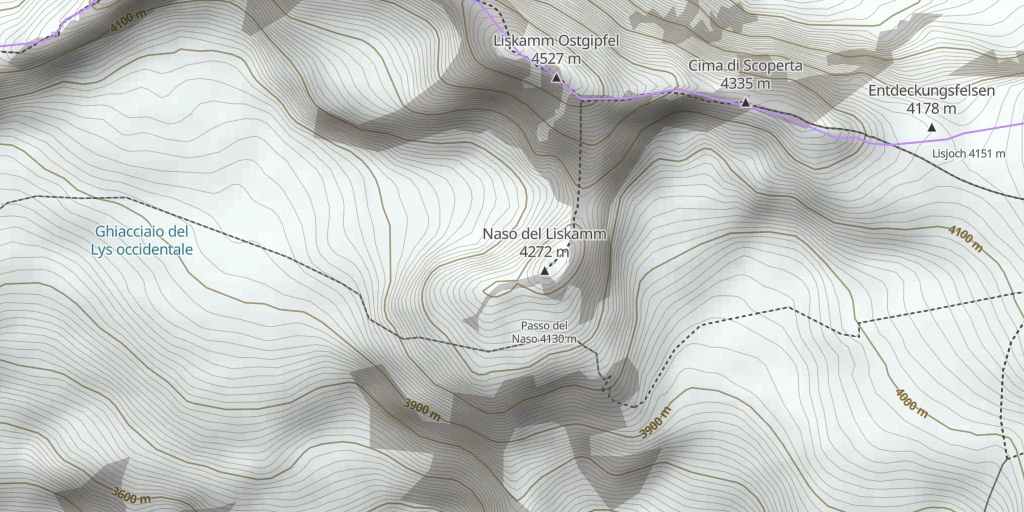 Map of the trail for Naso del Lyskamm Facette NW