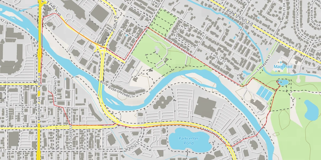 Map of the trail for Boise City Natatorium - East Warm Springs Avenue - Boise