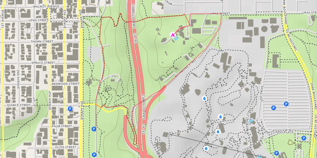 Map of the trail for Camp Balboa - Upas Street - San Diego