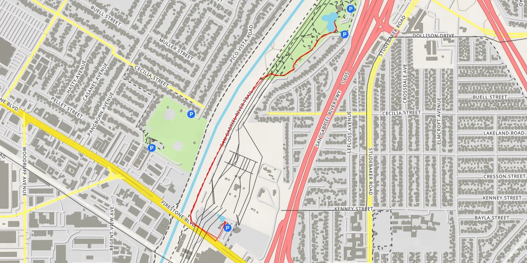 Map of the trail for San Gabriel River Trail - Downey