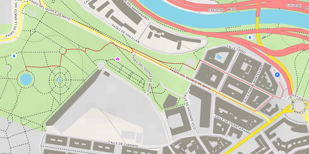 Carte de l'itinéraire :  Fuente circular - Carril bici Parque de San Isidro - Madrid