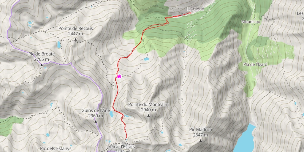 Carte de l'itinéraire :  Bivouac 1 petite tente sur rochers - Cresta de la Pica d'Estats