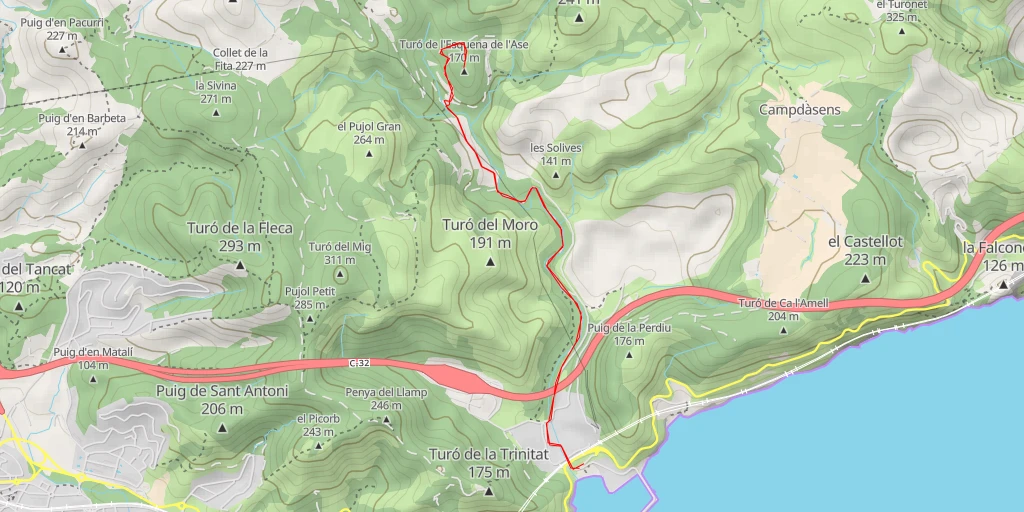 Carte de l'itinéraire :  Turó de l'Esquena de l'Ase