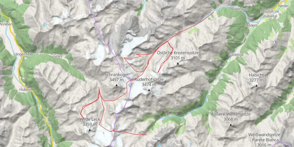 Map of the trail for Tour du Stubai Sens Horaire, traversée Mutterbergalm >> Seduck