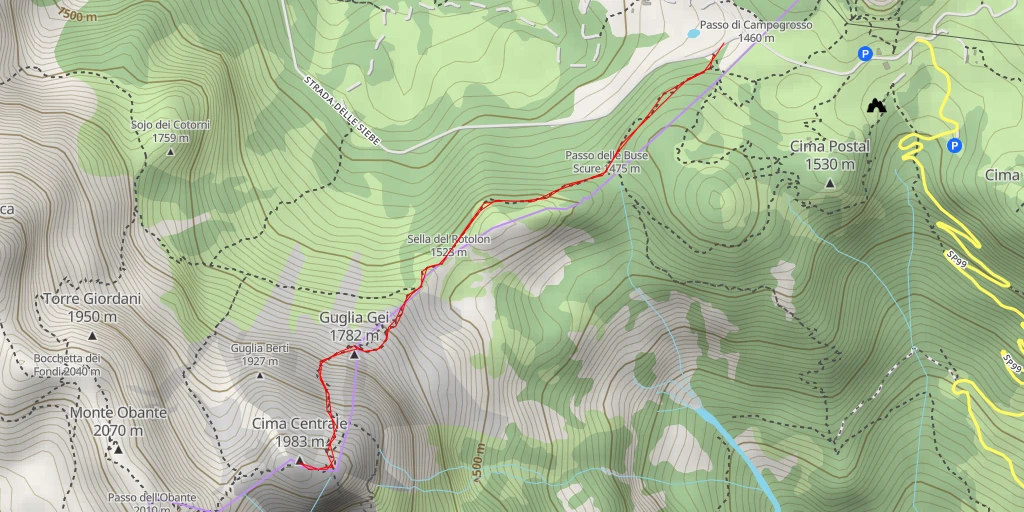 Map of the trail for Cima Centrale