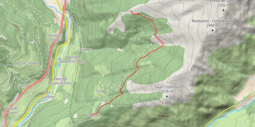 Map of the trail for Riedberger Alm - Malga Novale