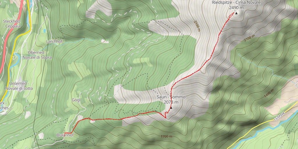 Map of the trail for Riedspitze - Cima Novale