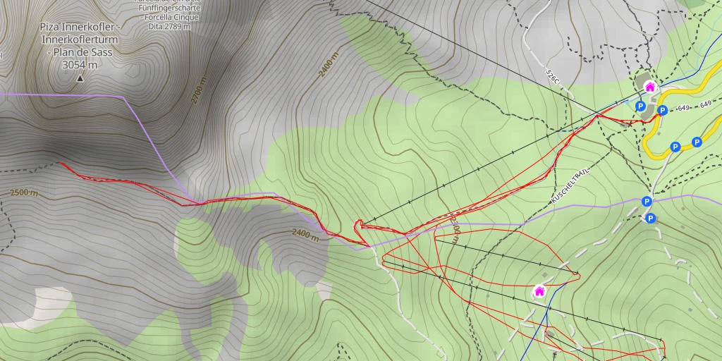 Carte de l'itinéraire :  Piza Innerkofler - Innerkoflerturm - Plan de Sass