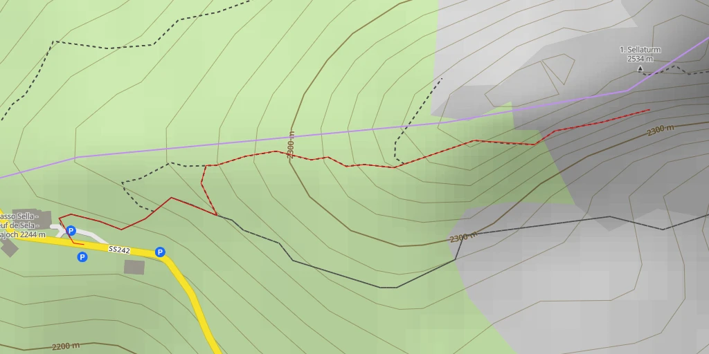 Carte de l'itinéraire :  2. Ciampanil dl Sela - 2. Sellaturm - II° Torre del Sella