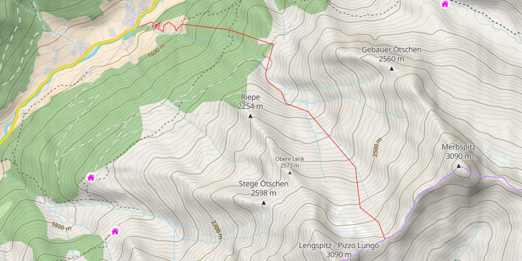 Map of the trail for Merbjoch / Passo Merbe depuis Pretau