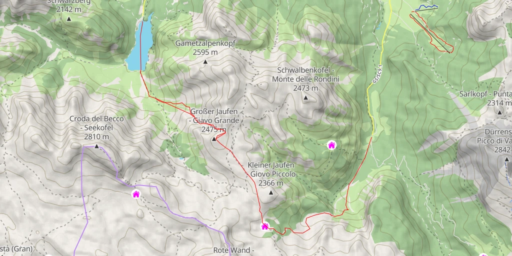 Map of the trail for Grosser Jaufen de la Rossalmhütte au Pragser Wildsee, descente par le couloir de la Stadeltorlahne