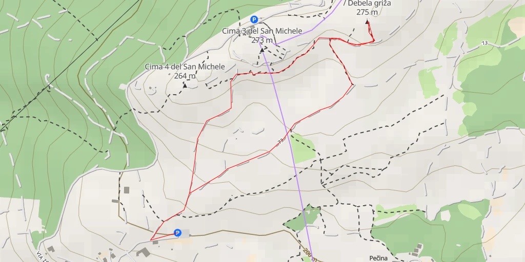 Map of the trail for Monte San Michele / Debela griža