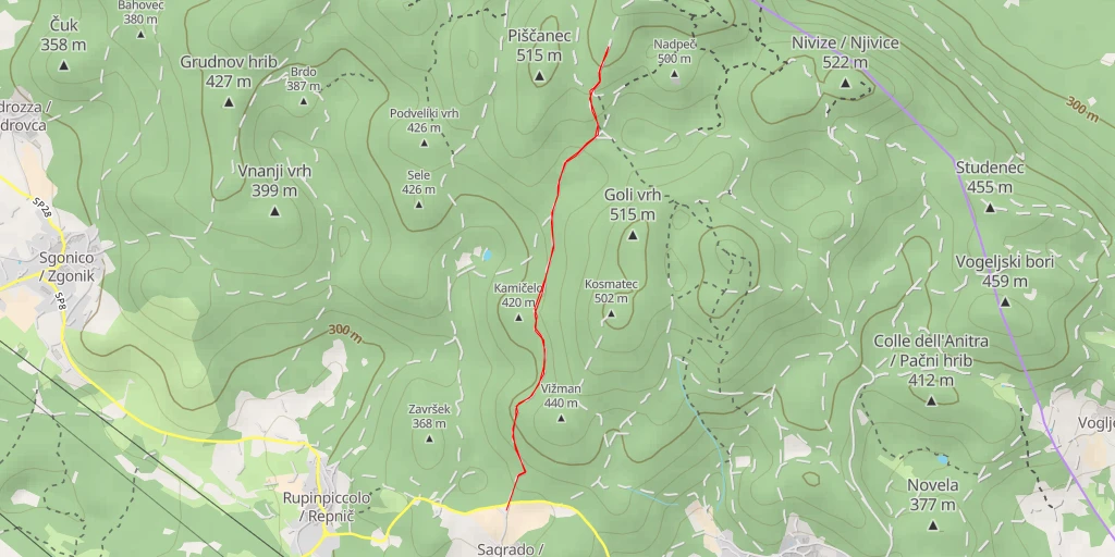 Carte de l'itinéraire :  Riserva naturale regionale del Monte Lanaro / Naravni rezervat na Volniku - 27 - Monrupino / Repentabor