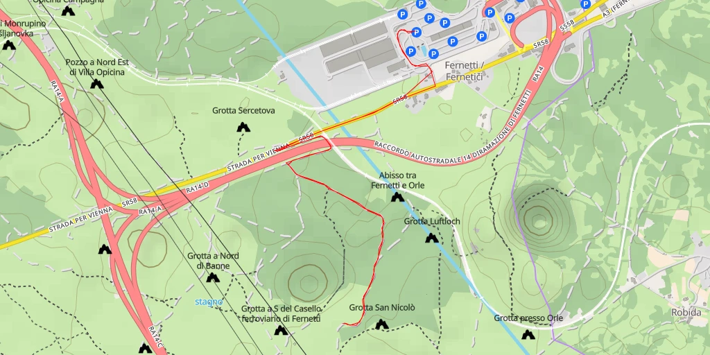 Carte de l'itinéraire :  Grotta fra i due Muretti - Raccordo Autostradale 13 Sistiana-Padriciano - Trieste