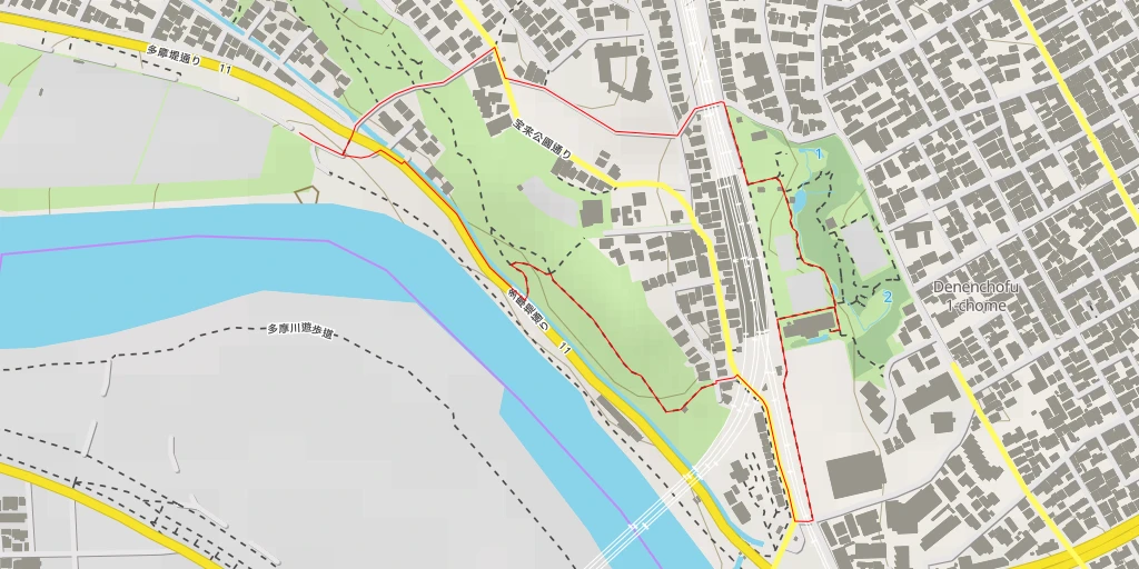 Map of the trail for 田園調布せせらぎ公園 - 宝来公園通り - 大田区