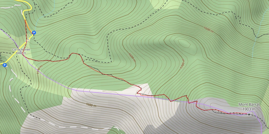 Map of the trail for Mont Barral versant N depuis le Col de Menée