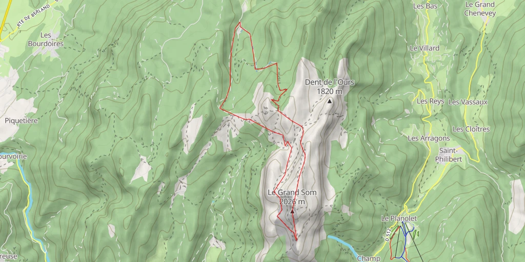Map of the trail for Grand Som Traversée S-N par les arêtes, depuis la Ruchère, le pas du Loup, Mauvernay, Pas de la Suiffière, Bovinant et Léchaud