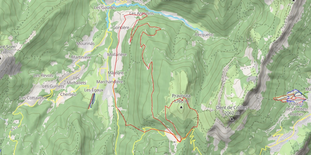 Map of the trail for Roc & Dôme d'Arguille (Pravouta) Dôme d'Arguille, traversée W-E par la forêt de l'Ocèpé, les cols de Pravouta, des Ayes et du Coq depuis la Brevardière