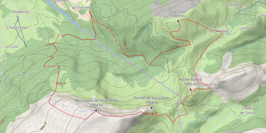 Map of the trail for Montagne de Sous-Dine Sur Cou > Roche Parnal > Sous-Dine