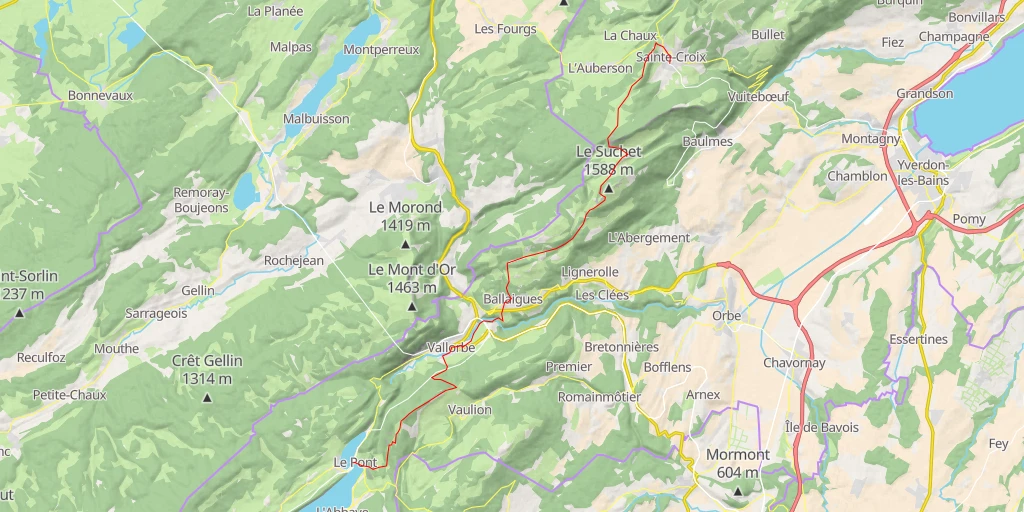 Map of the trail for Le Suchet en traversée du Lac de Joux à Ste Croix, par la Dent de Vaulion et Vallorbe