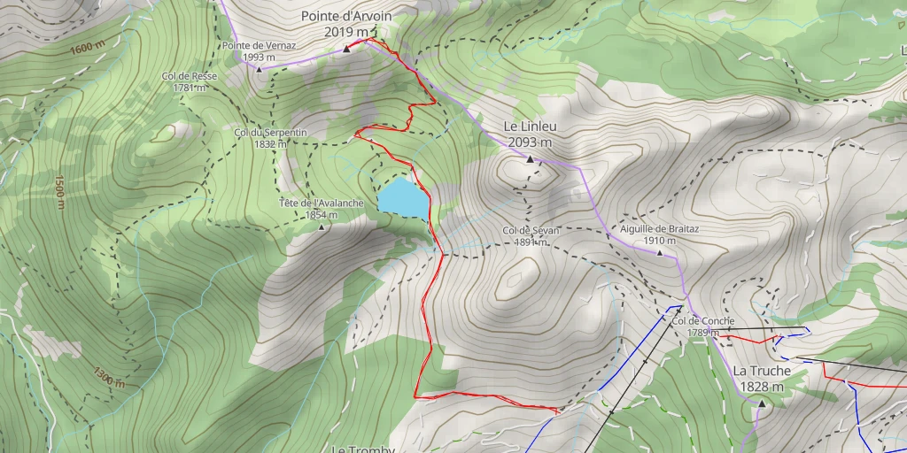 Map of the trail for Pointe d'Arvoin