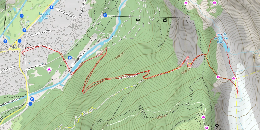 Map of the trail for Lac de la Mer de Glace par les Mottets