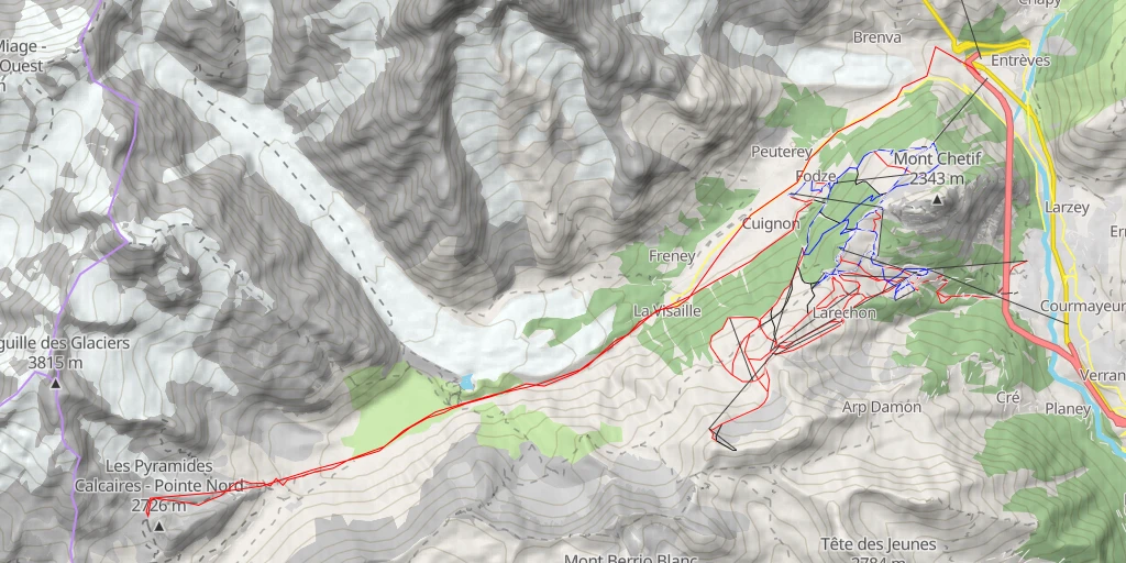 Map of the trail for Col des Pyramides Calcaires Par le Val Veny