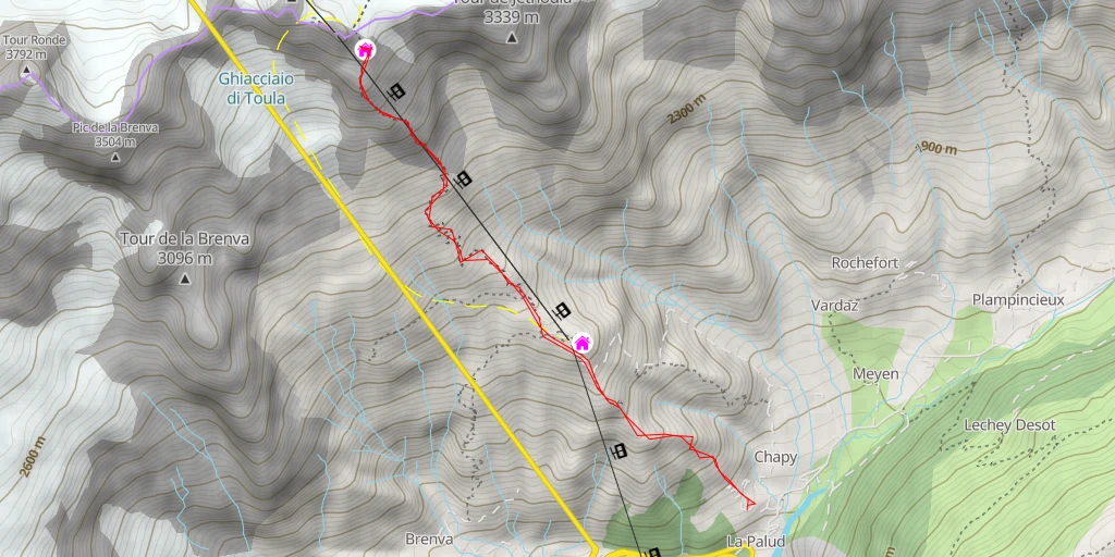 Map of the trail for Pointe Helbronner / Punta Helbronner