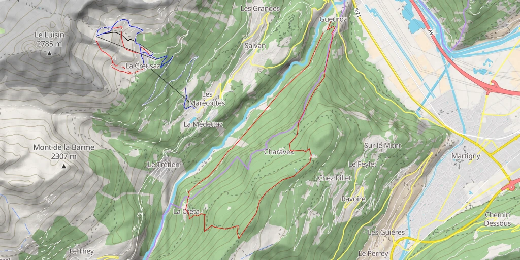 Map of the trail for La Cheutse en boucle par Charavex, depuis Gueuroz