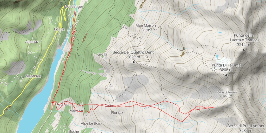 Map of the trail for Le Triangle de Praz Londzet Par le vallon de Praz Londzet