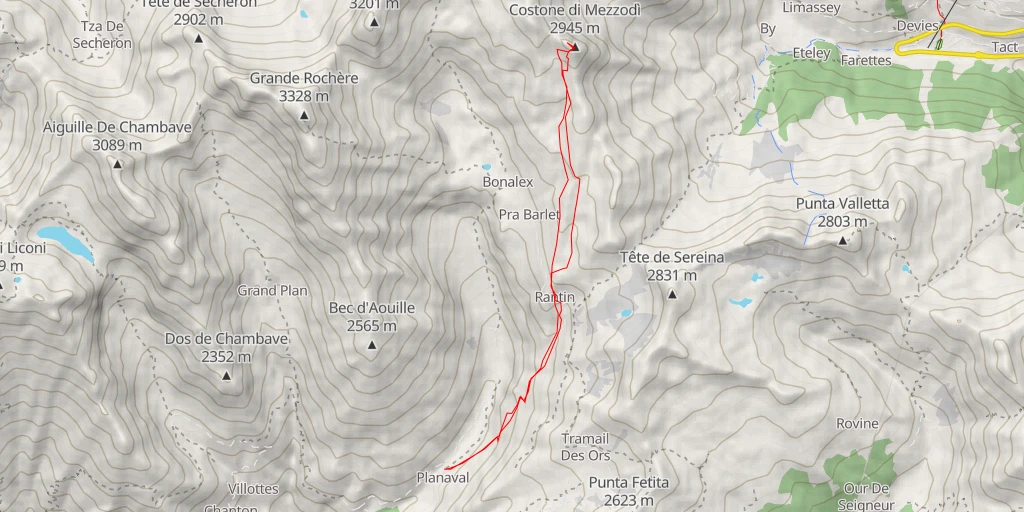 Map of the trail for Créton du Midi versant SSW, depuis Planaval