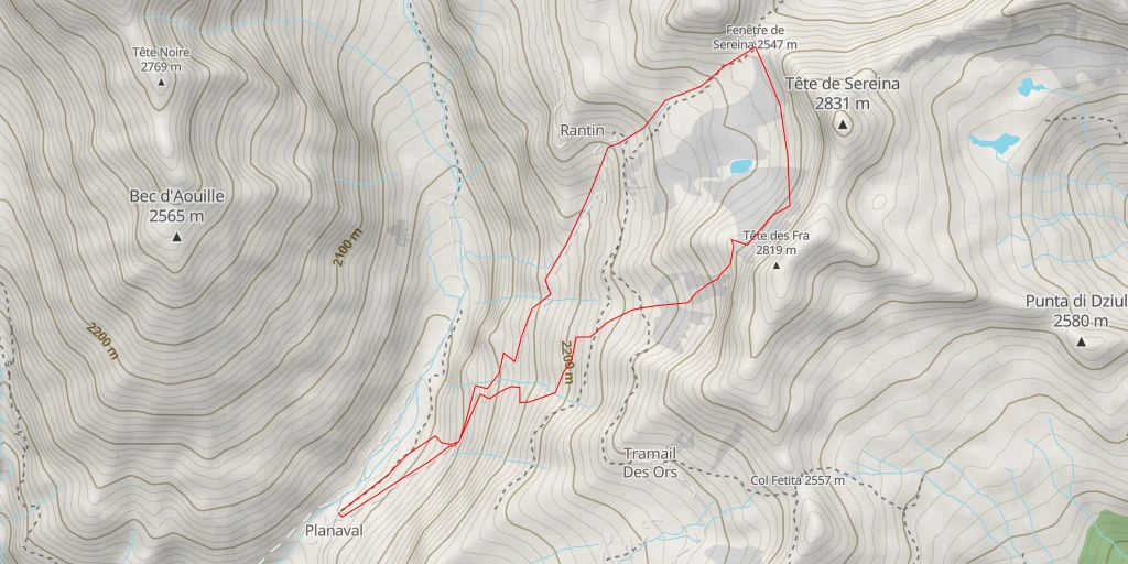 Map of the trail for Col  Sereina Descente par des combes W de la Tête des Fra