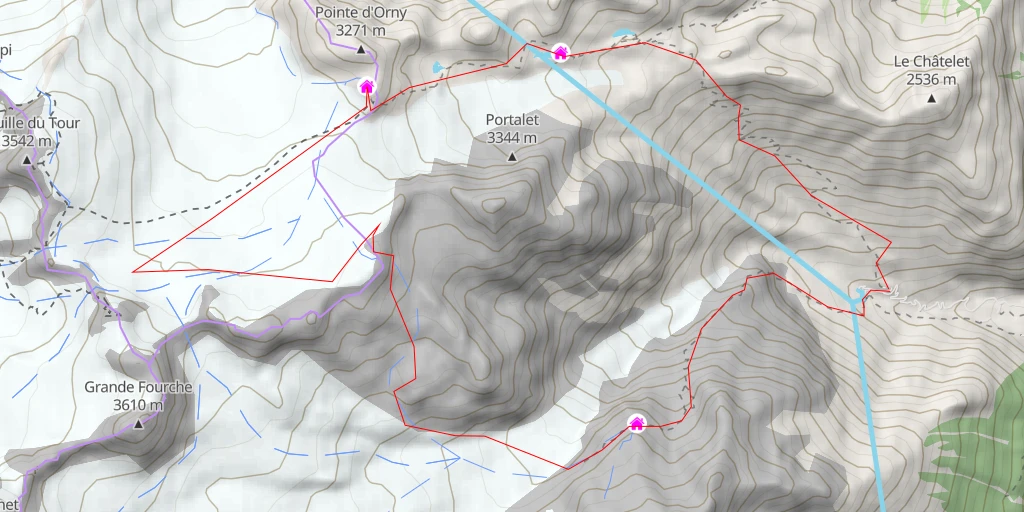 Map of the trail for Col des Plines / Col Droit Boucle depuis la prise d'eau de Saleinaz sur 2 jours : Orny, col des Plines, Saleinaz