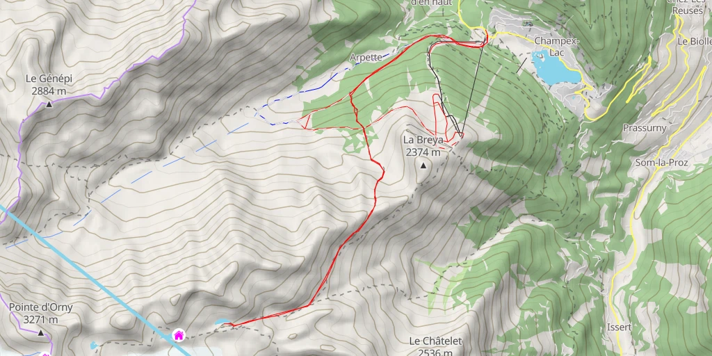 Map of the trail for Lac d'Orny