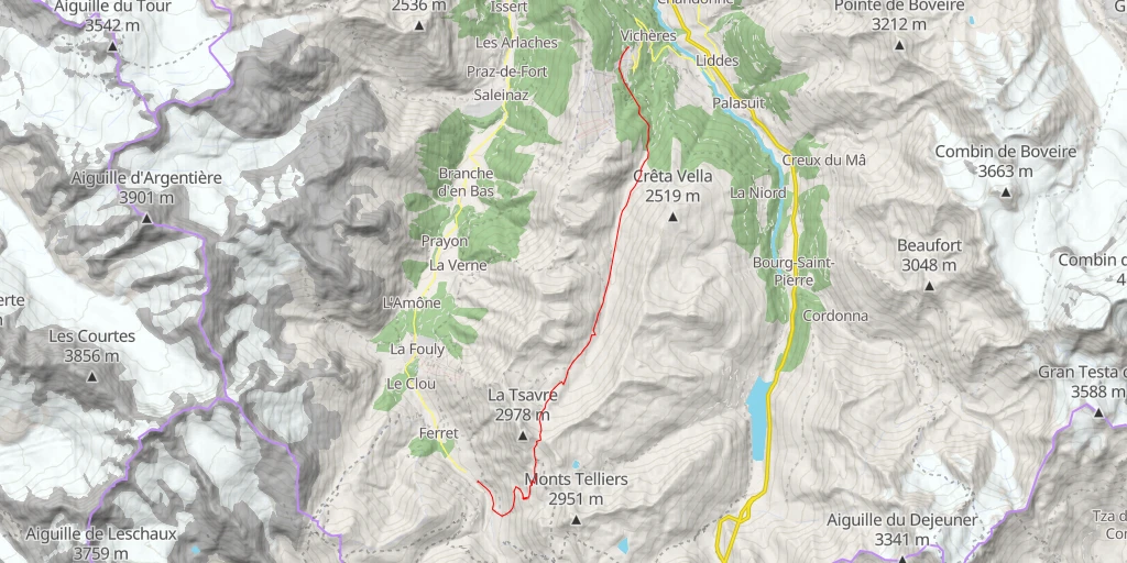 Map of the trail for Col du Névé de la Rousse Les Ars Dessous >> Vichère par la combe de l'A