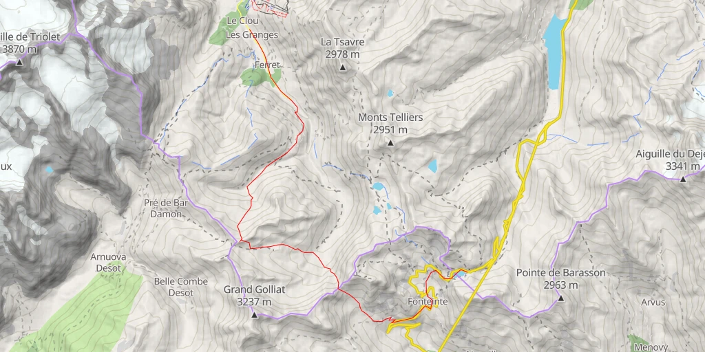 Map of the trail for Col du Fourchon Traversée S -> N du col du Grand St Bernard à la Fouly