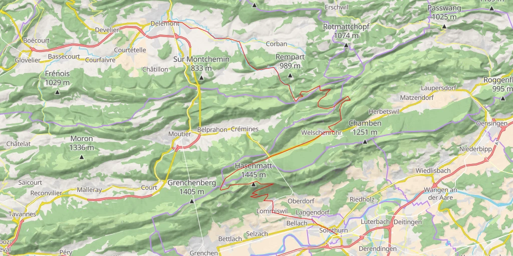 Map of the trail for Mieschegg Traversée du Jura de Soleure à Delemont