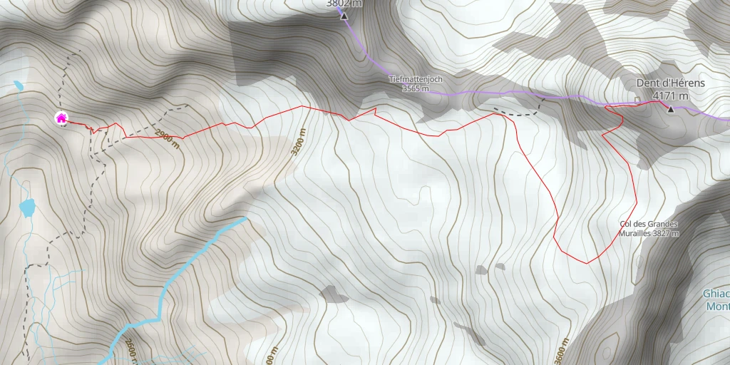 Map of the trail for Dent d'Hérens Face SW et arête W