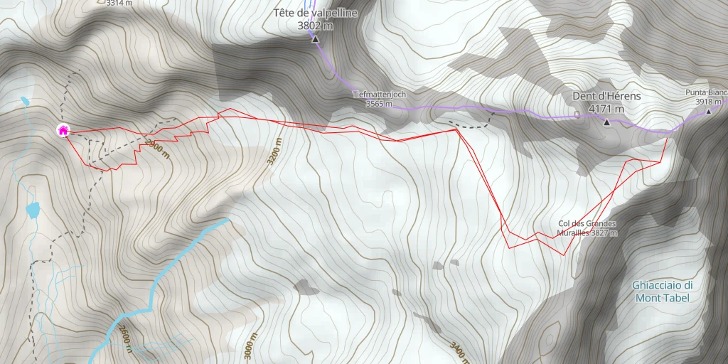 Map of the trail for Dent d'Hérens Épaule depuis le refuge Aoste