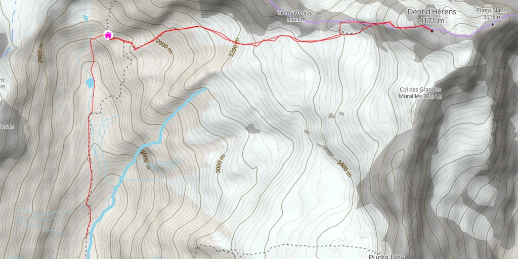 Map of the trail for Dent d'Hérens Arête de Tiefmatten / Tiefenmatten