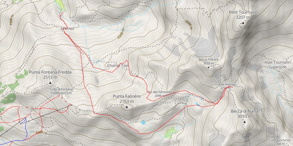 Map of the trail for Col de Nana Tour de la pointe Falinère