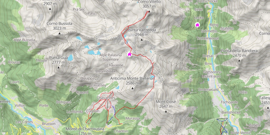 Map of the trail for Corno Vitello Traversée Estoul >> Pointe Valnera >> Lacs Valfredda