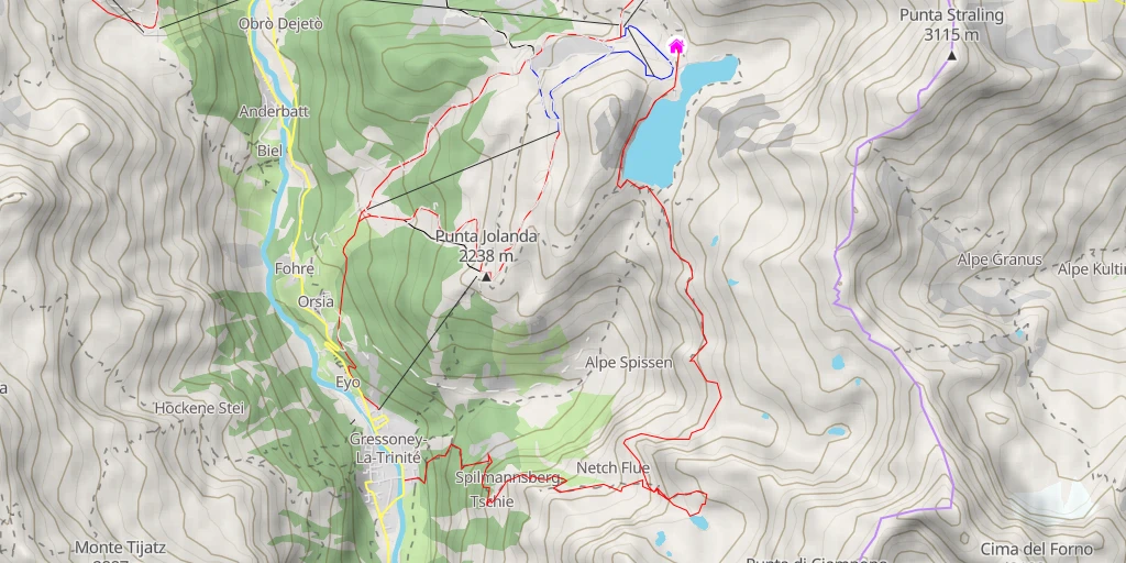 Map of the trail for Lac de Netscio / Seebiene Traversée lac Gabiet > Gressoney la Trinité