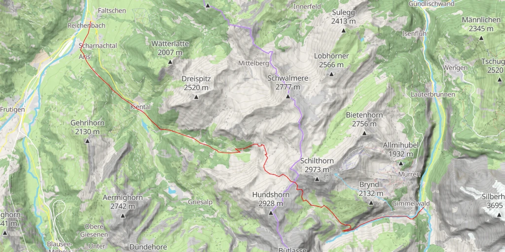 Map of the trail for Rote Härd de la Lütschine à la Kander, traversée Stechelberg - Reichenbach