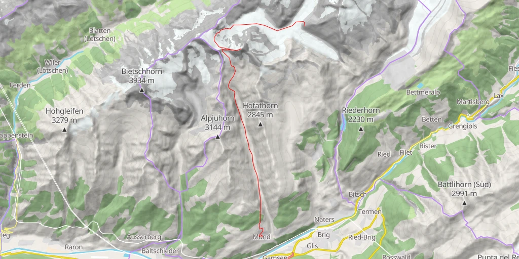 Map of the trail for Nesthorn Traversée Oberaletschhütte → Gredetschtal