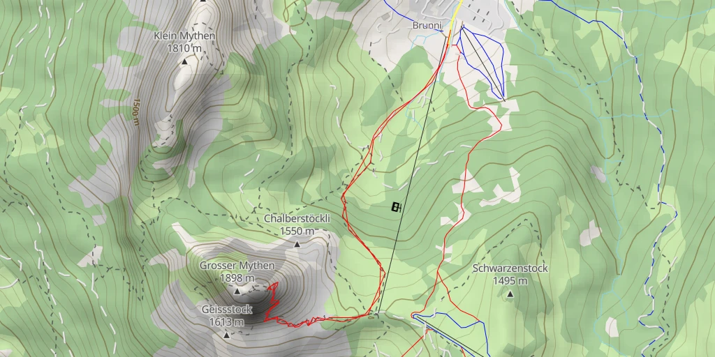 Map of the trail for alter Mythenweg: Totenplangg - Schwyz