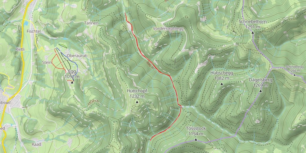 Map of the trail for Vordere Töss-Wasserfall I